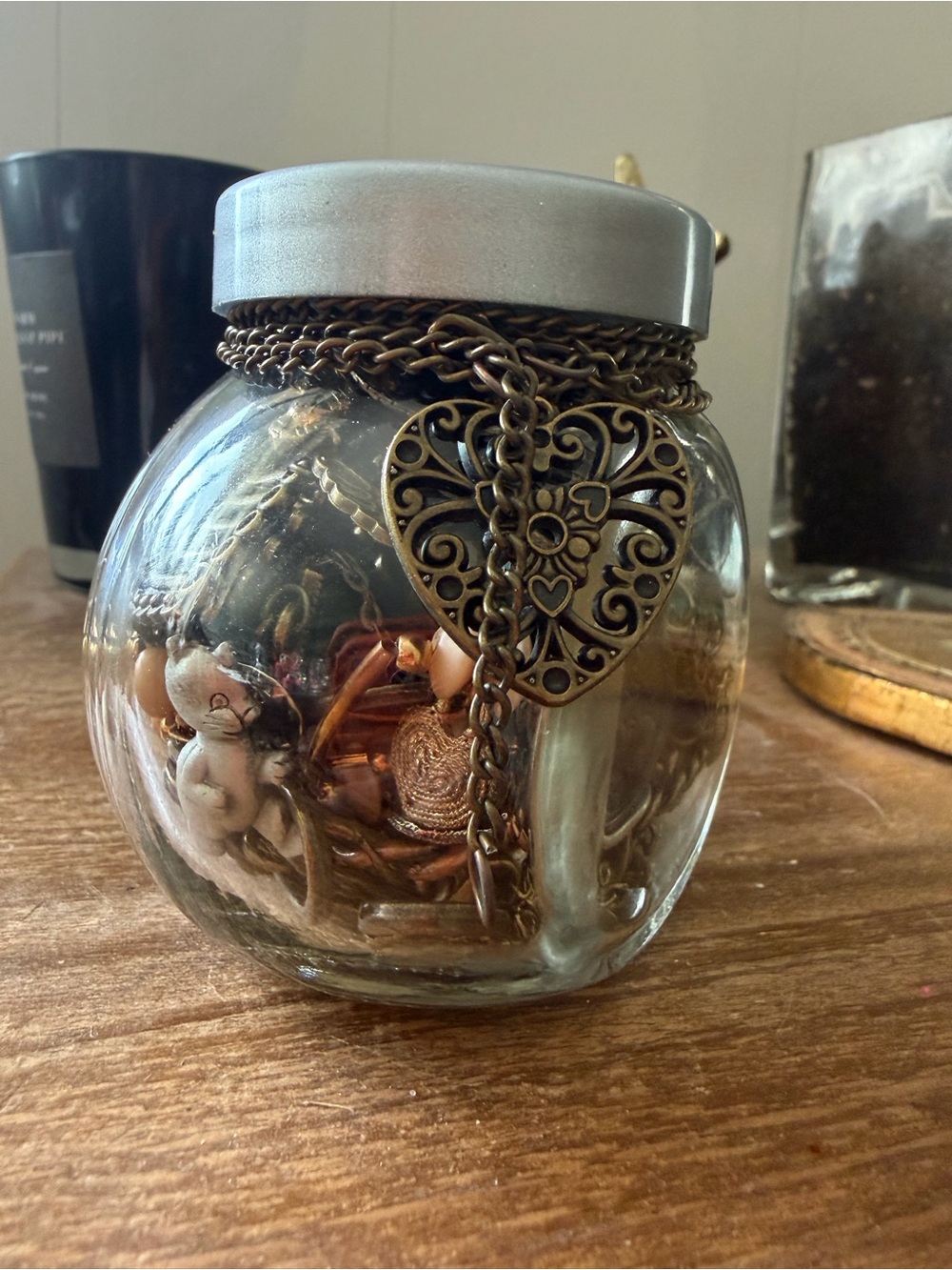 Hearts in antiqued bronze mystery jewelry jar - modern Victorian